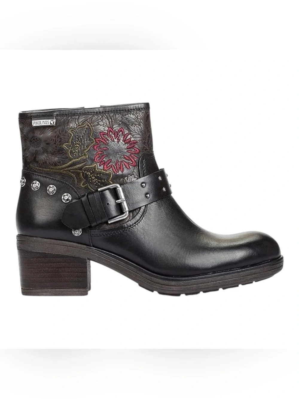 Pikolinos Lyon W6N ankle booties feature intricate red floral embroidery Sz 9.5